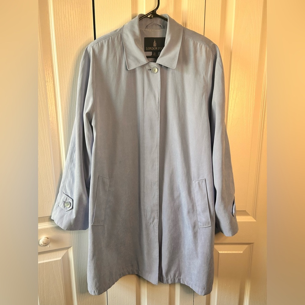 London Fog Women's Size XL Baby Blue Soft Faux Suede Trench Coat‎ Pockets Lined